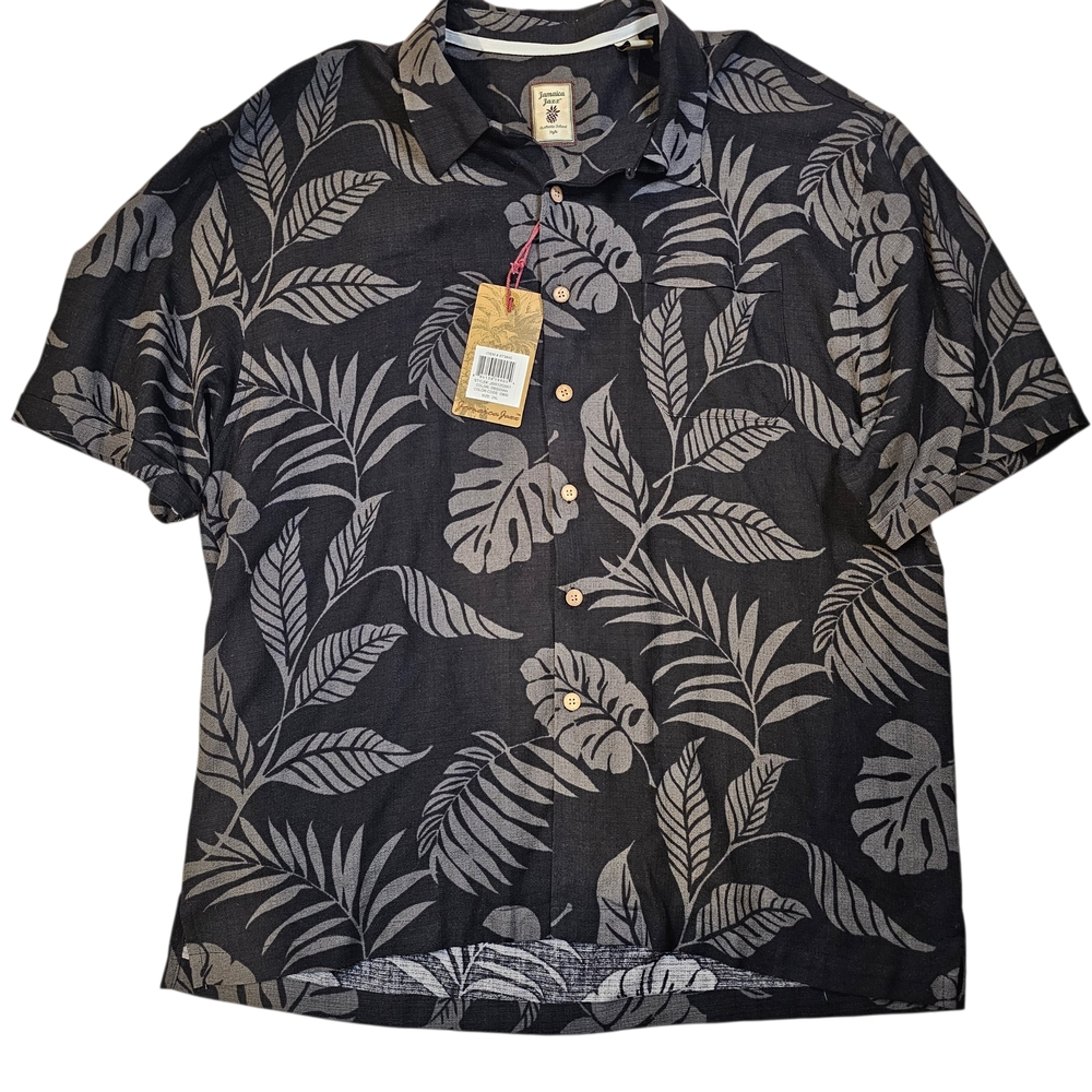 NWT Jamaica Jaxx 100% SILK  Black & Gray Leaf Print Men's Button Down Shirt XXL